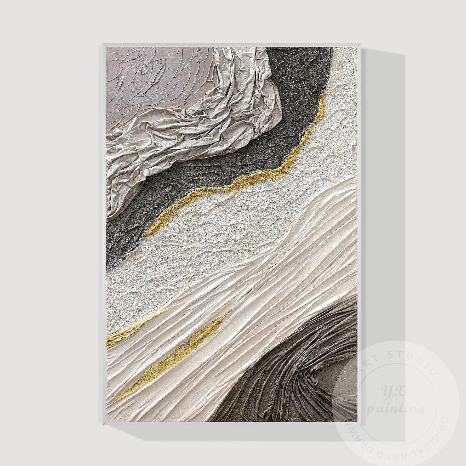 Hand-Painted 3D Texture Abstract Canvas Art: White, Black & Gold #8