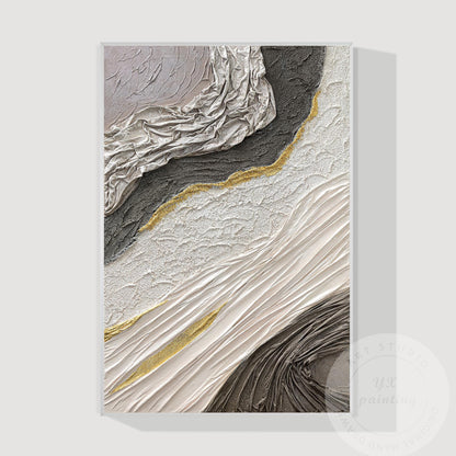 Hand-Painted 3D Texture Abstract Canvas Art: White, Black & Gold #8
