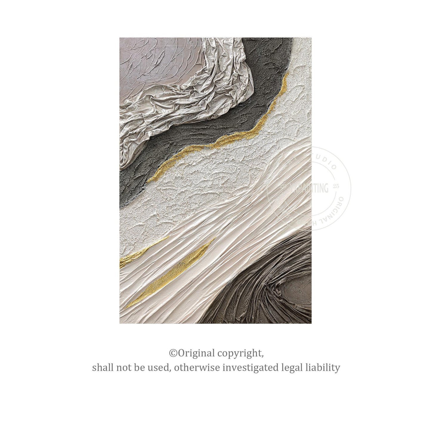 Hand-Painted 3D Texture Abstract Canvas Art: White, Black & Gold #9