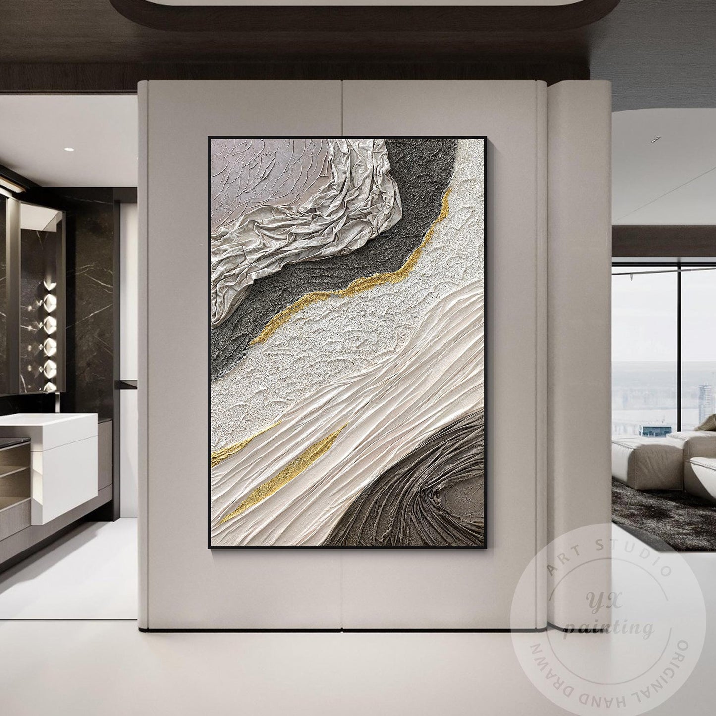 Hand-Painted 3D Texture Abstract Canvas Art: White, Black & Gold #1