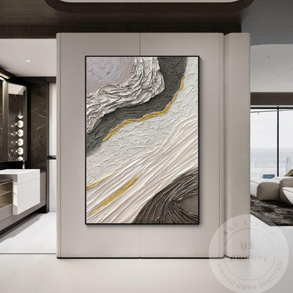 Hand-Painted 3D Texture Abstract Canvas Art: White, Black & Gold #1