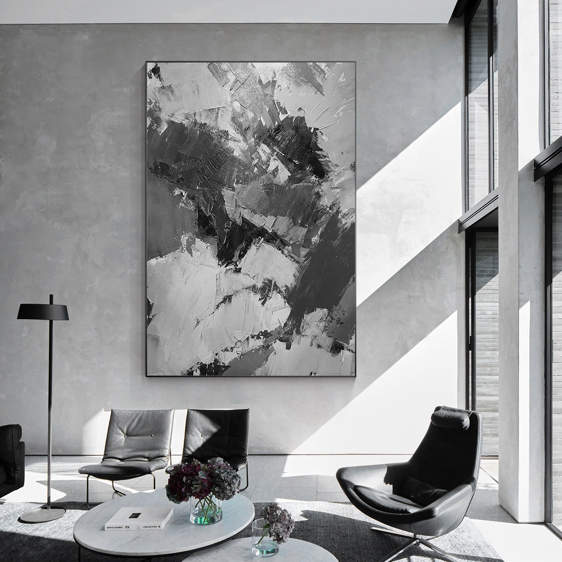 Hand-Painted Black, Gray & White Abstract Painting: Textured Vertical Canvas #2