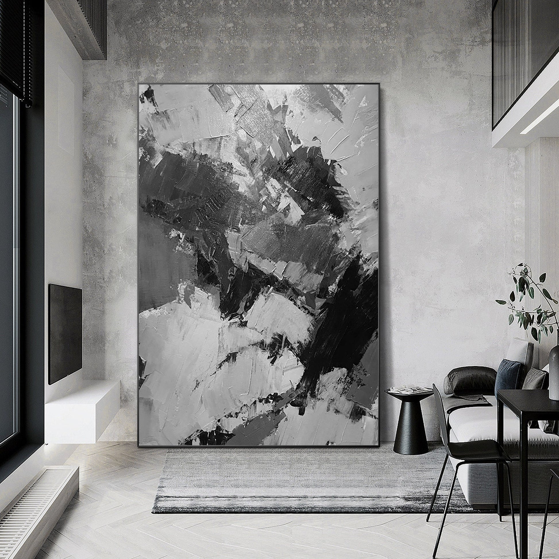 Hand-Painted Black, Gray & White Abstract Painting: Textured Vertical Canvas #3