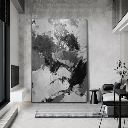 Hand-Painted Black, Gray & White Abstract Painting: Textured Vertical Canvas #3
