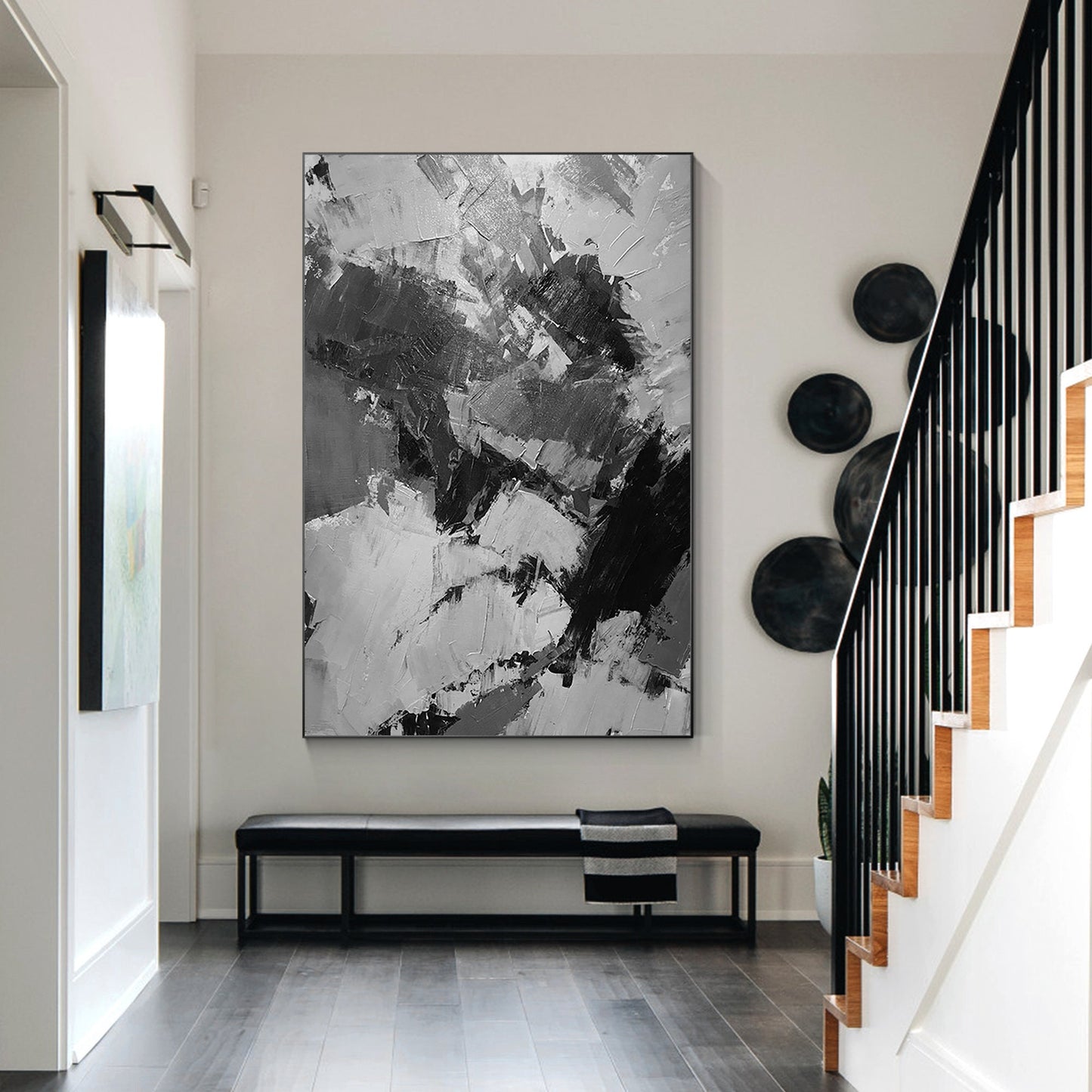 Hand-Painted Black, Gray & White Abstract Painting: Textured Vertical Canvas #4