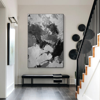 Hand-Painted Black, Gray & White Abstract Painting: Textured Vertical Canvas #4