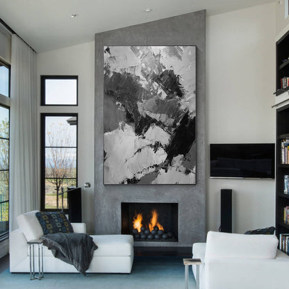 Hand-Painted Black, Gray & White Abstract Painting: Textured Vertical Canvas #5