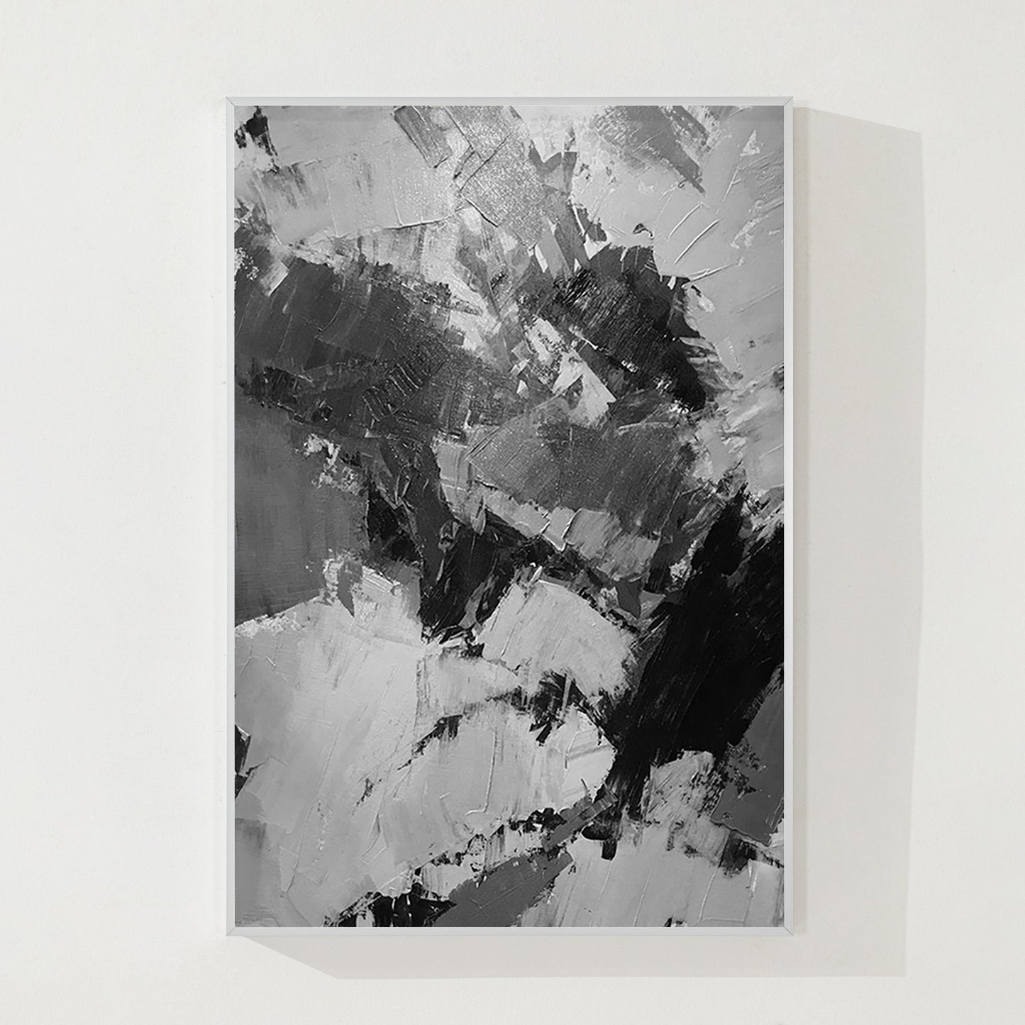 Hand-Painted Black, Gray & White Abstract Painting: Textured Vertical Canvas #8