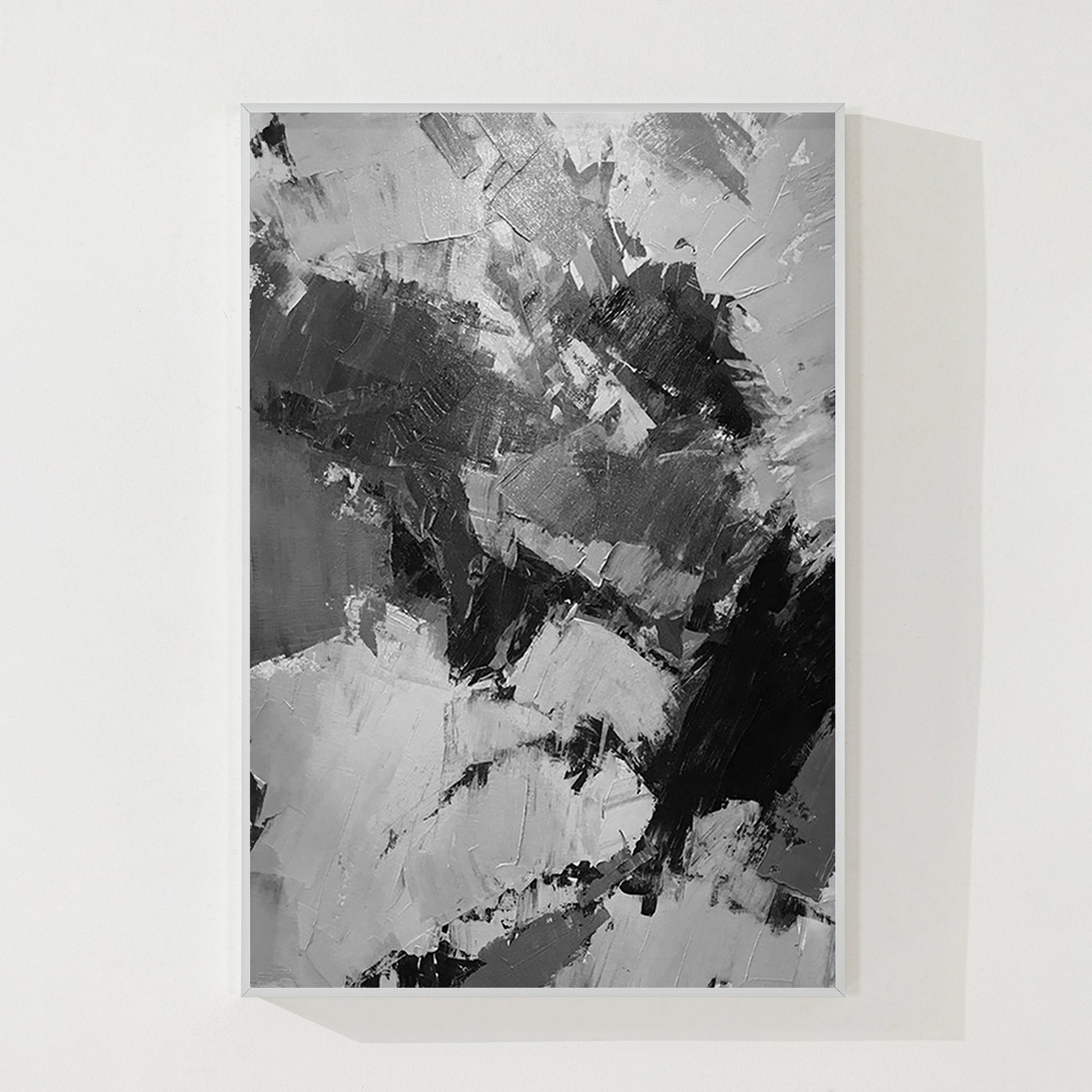 Hand-Painted Black, Gray & White Abstract Painting: Textured Vertical Canvas #8
