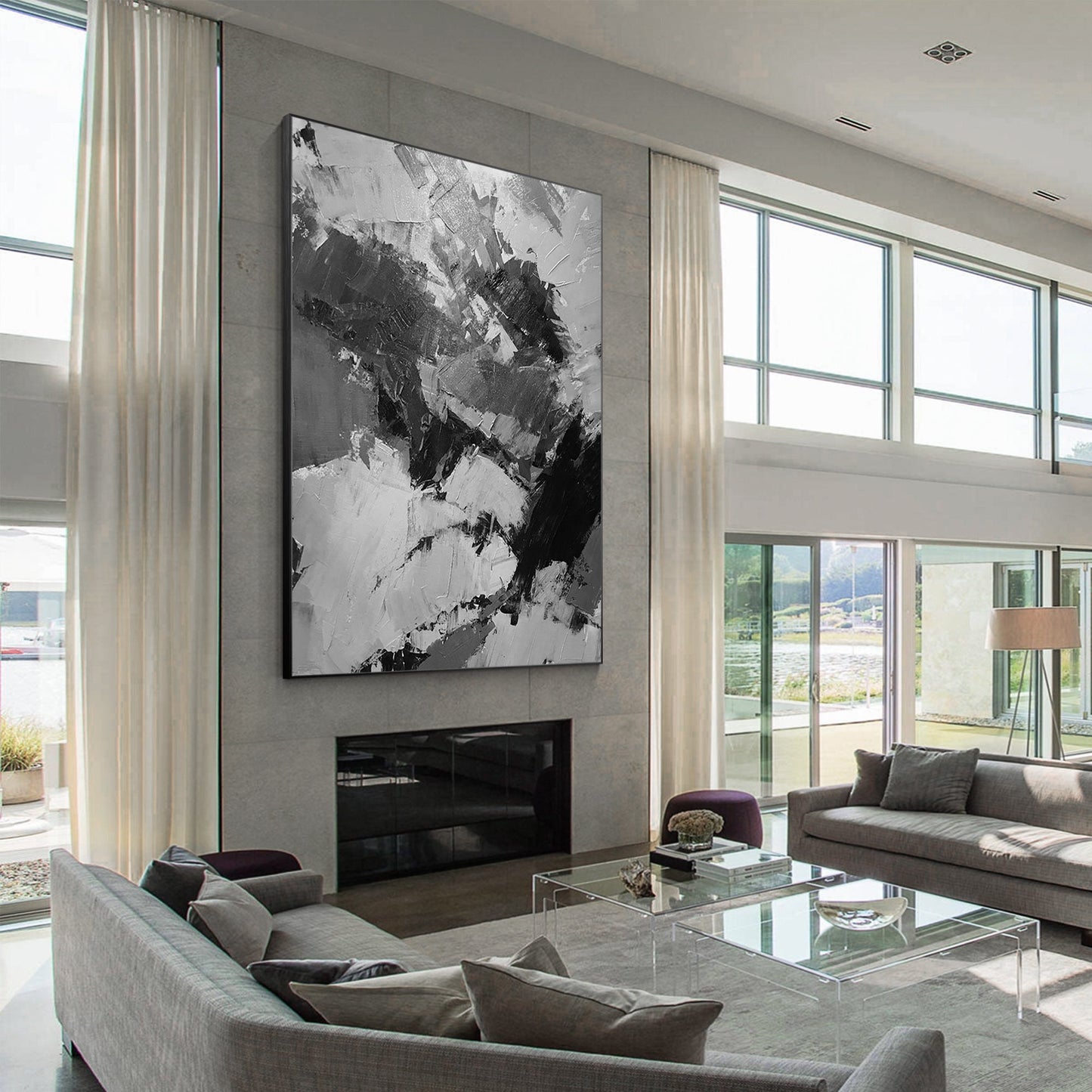 Hand-Painted Black, Gray & White Abstract Painting: Textured Vertical Canvas #1