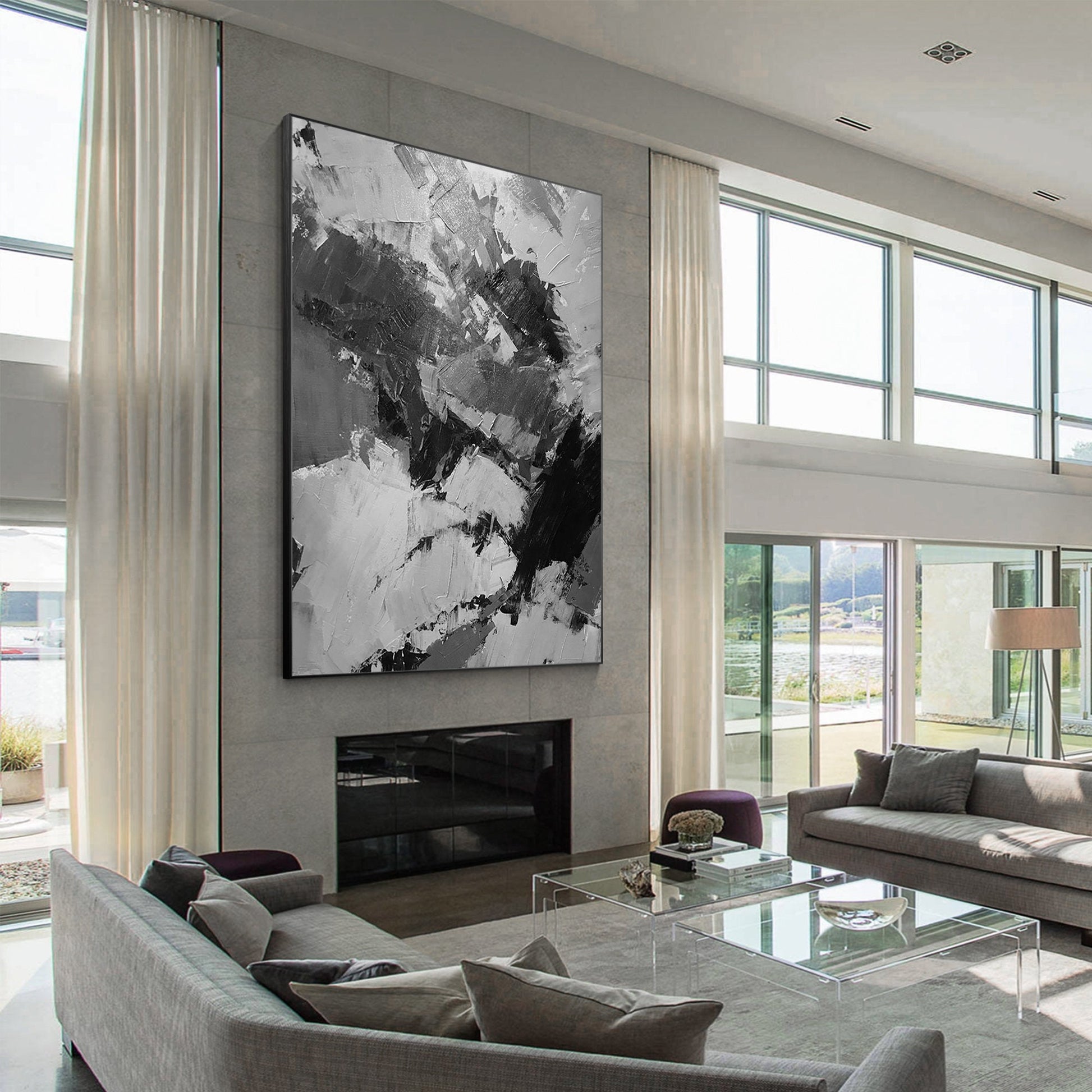 Hand-Painted Black, Gray & White Abstract Painting: Textured Vertical Canvas #1