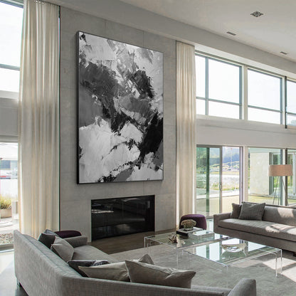 Hand-Painted Black, Gray & White Abstract Painting: Textured Vertical Canvas #1