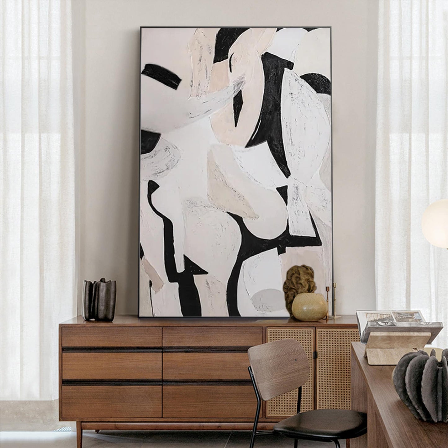 Hand-Painted Black White Abstract Painting: Extra Large Canvas Wall Art #2