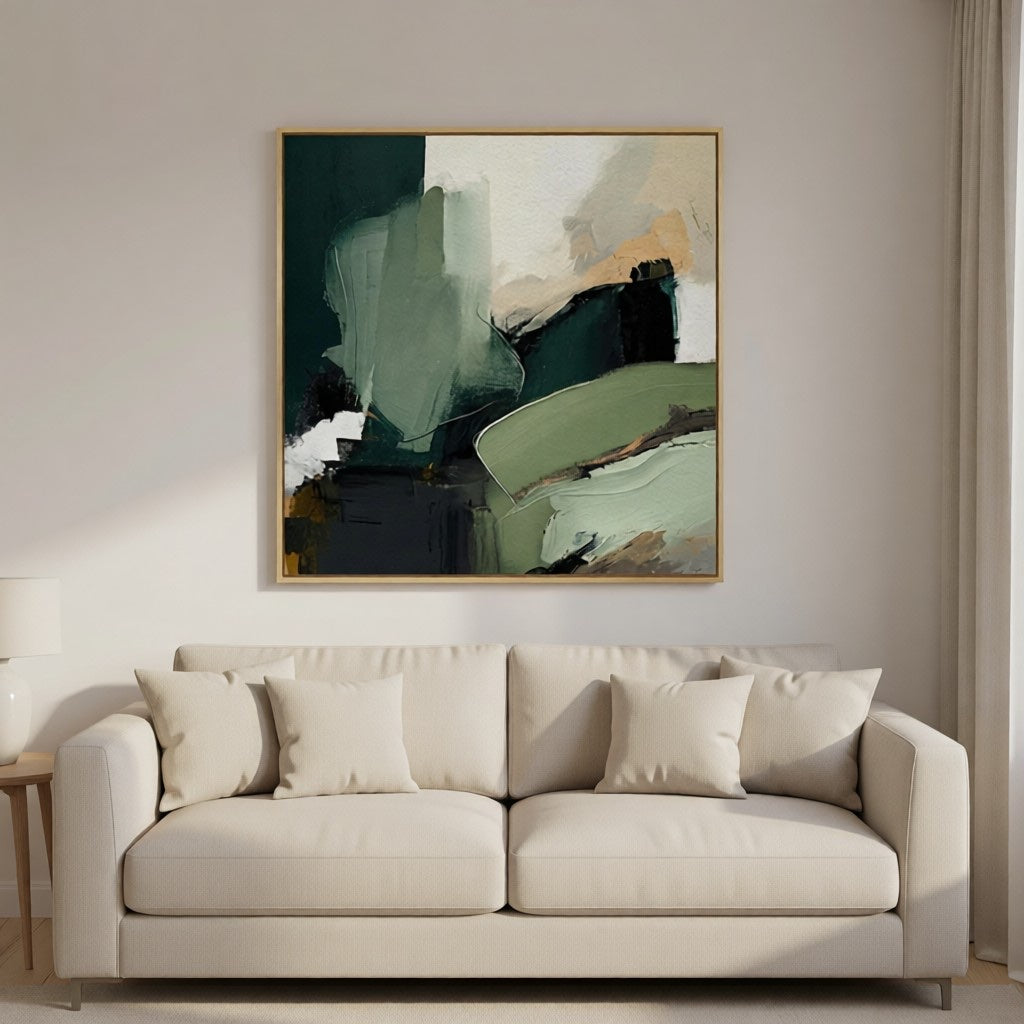 Hand-Painted Emerald Green Abstract Art for Office & Home styled in a refined neutral room setting to show wall scale, calm proportion, and interior decor mood.
