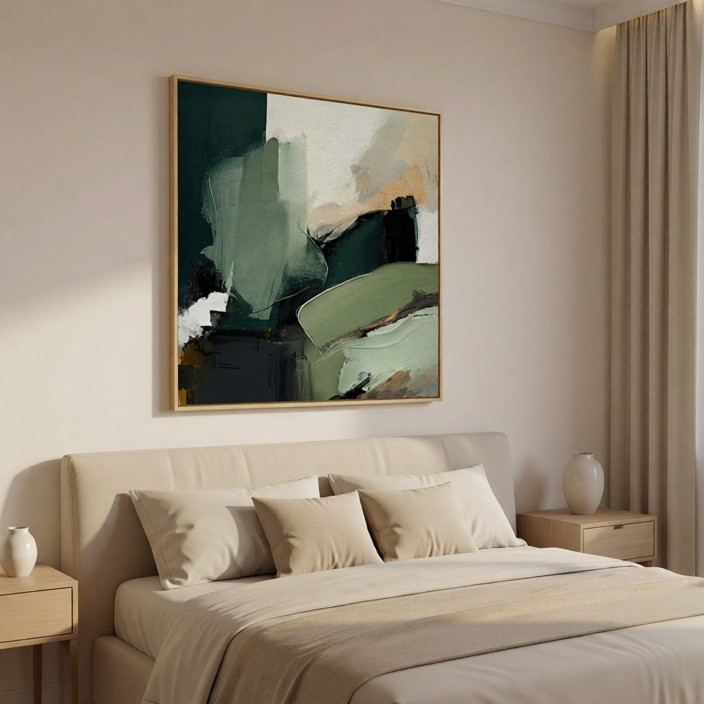 Hand-Painted Emerald Green Abstract Art for Office & Home styled in a refined neutral room setting to show wall scale, calm proportion, and interior decor mood.