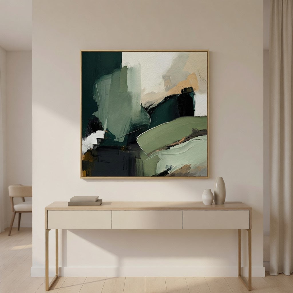 Hand-Painted Emerald Green Abstract Art for Office & Home styled in a refined neutral room setting to show wall scale, calm proportion, and interior decor mood.