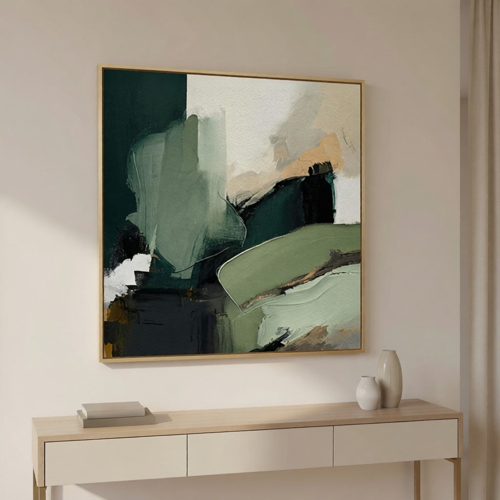 Hand-Painted Emerald Green Abstract Art for Office & Home styled in a refined neutral room setting to show wall scale, calm proportion, and interior decor mood.