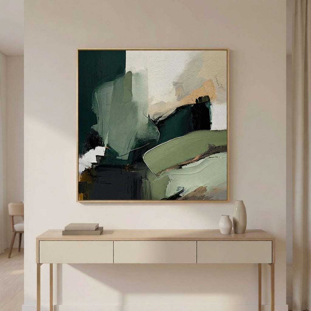 Hand-Painted Emerald Green Abstract Art for Office & Home styled in a refined neutral room setting to show wall scale, calm proportion, and interior decor mood.