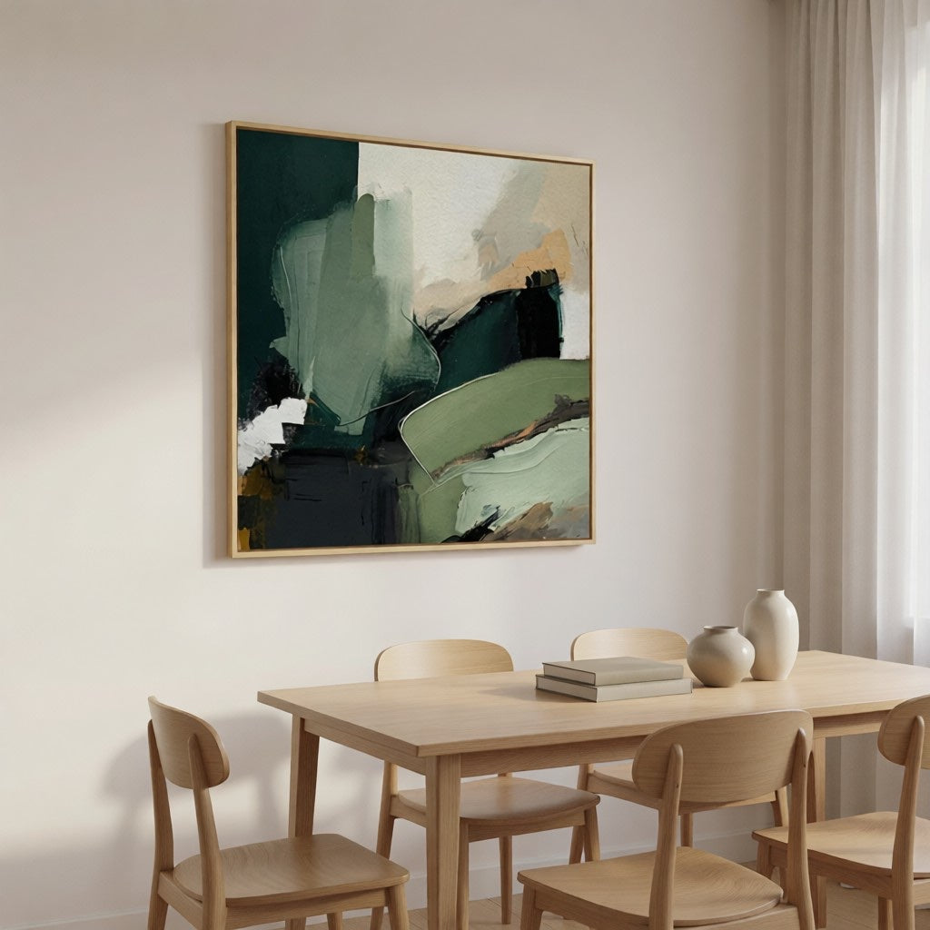 Hand-Painted Emerald Green Abstract Art for Office & Home styled in a refined neutral room setting to show wall scale, calm proportion, and interior decor mood.