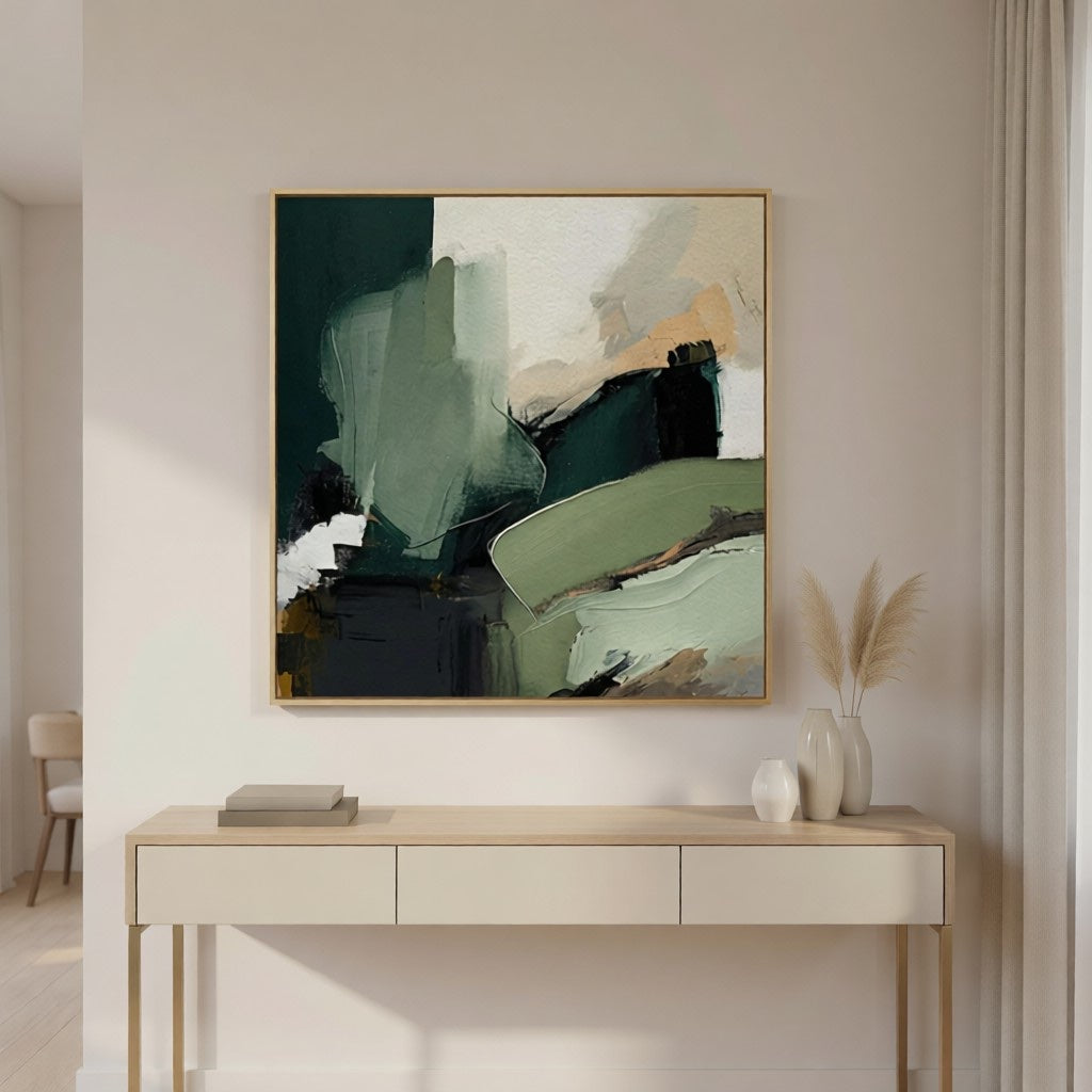 Hand-Painted Emerald Green Abstract Art for Office & Home styled in a refined neutral room setting to show wall scale, calm proportion, and interior decor mood.