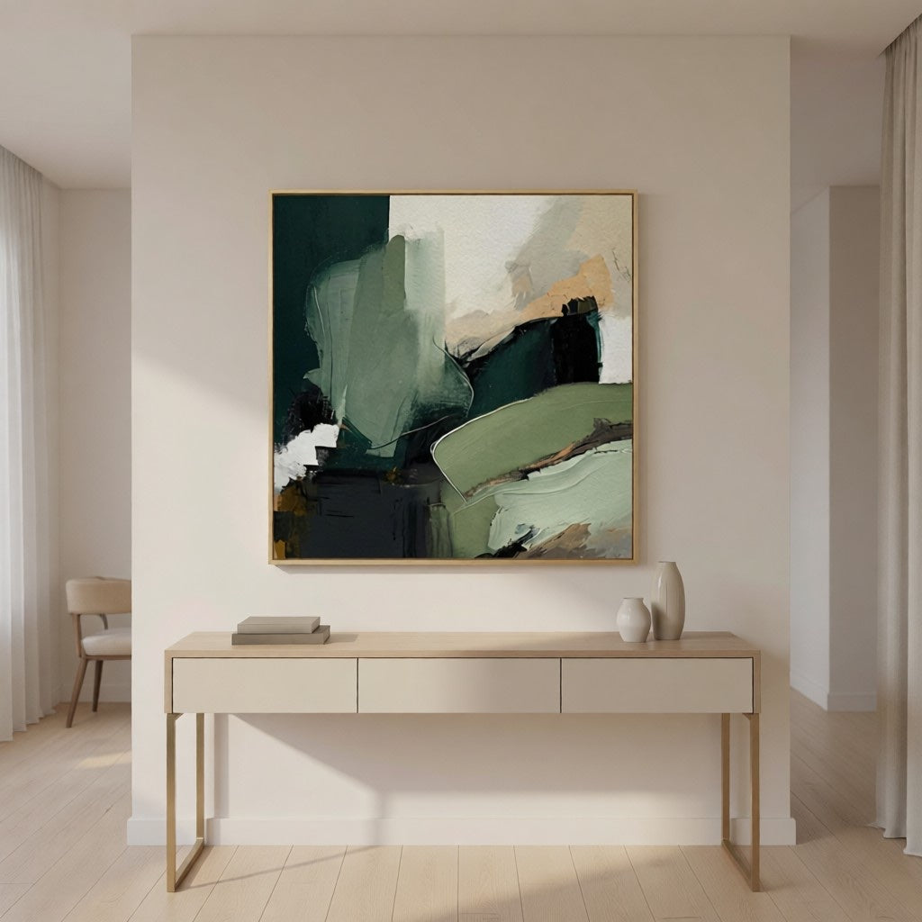Hand-Painted Emerald Green Abstract Art for Office & Home styled in a refined neutral room setting to show wall scale, calm proportion, and interior decor mood.
