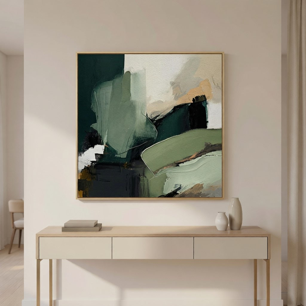 Hand-Painted Emerald Green Abstract Art for Office & Home styled in a refined neutral room setting to show wall scale, calm proportion, and interior decor mood.