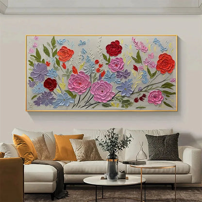 Hand-Painted Floral Oil Painting - Vibrant Garden Art | gold frame stretched on neutral wall