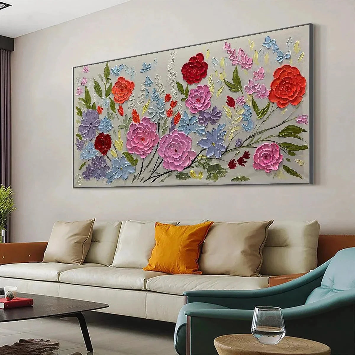 Hand-Painted Floral Oil Painting - Vibrant Garden Art | black frame version on white wall