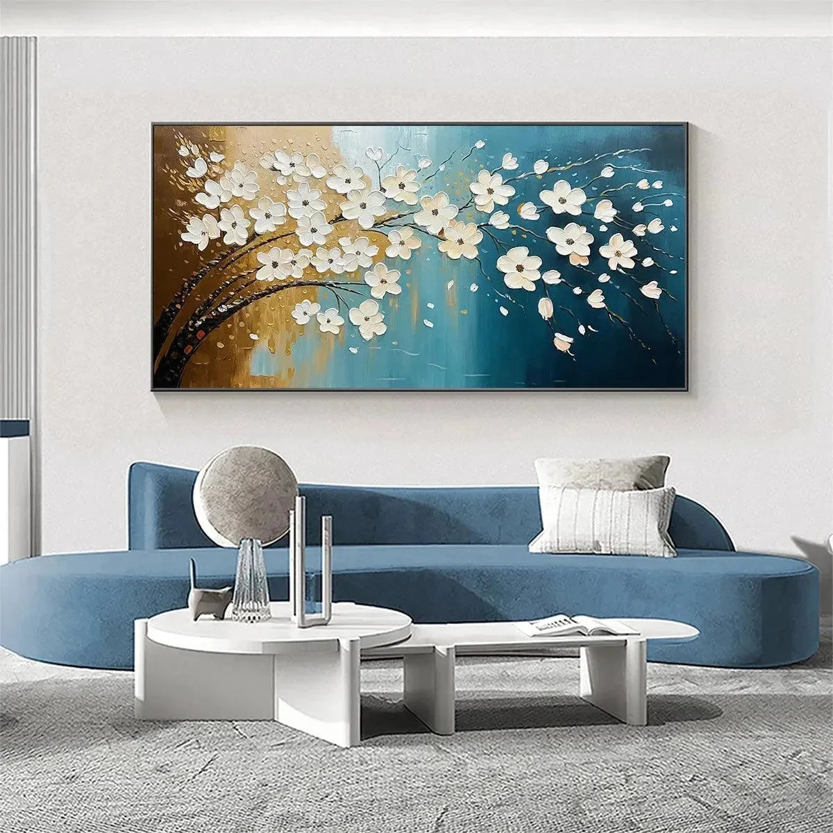 Hand-Painted Floral Tree Oil Painting - Blue & Gold | Figurative closeup, raised brushwork detail