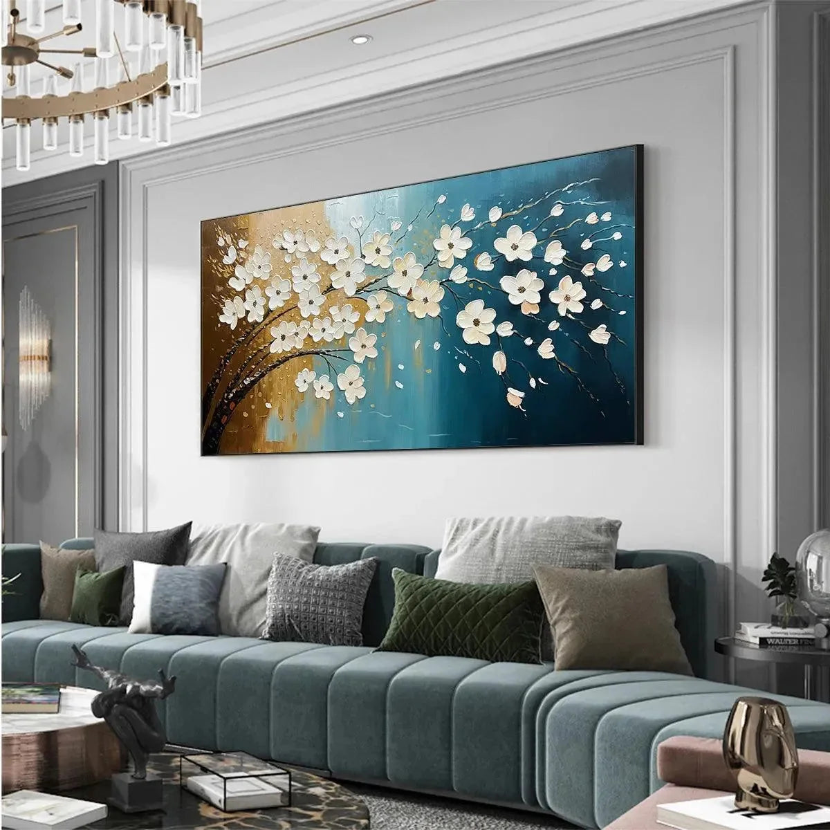 Hand-Painted Floral Tree Oil Painting - Blue & Gold | gold frame stretched on neutral wall