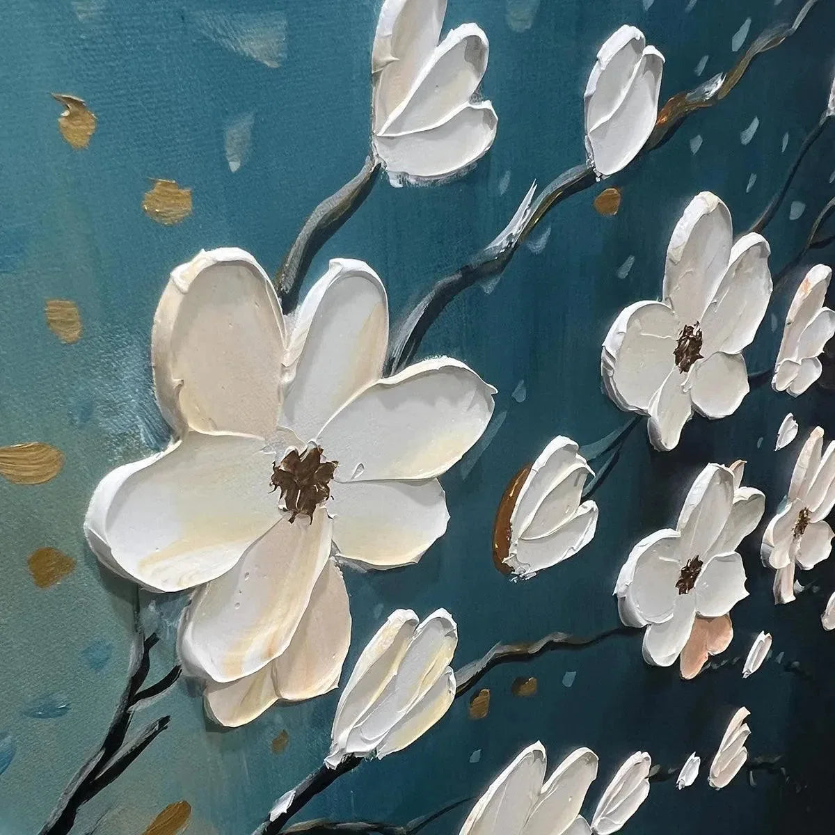 Hand-Painted Floral Tree Oil Painting - Blue & Gold | rolled canvas, ready for custom framing