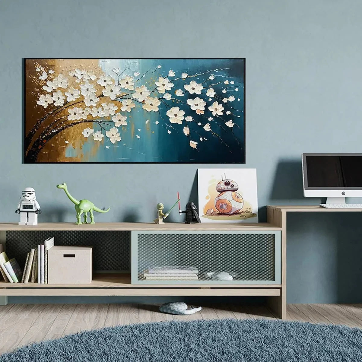 Hand-Painted Floral Tree Oil Painting - Blue & Gold | black frame version on white wall
