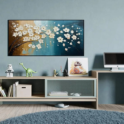 Hand-Painted Floral Tree Oil Painting - Blue & Gold | black frame version on white wall