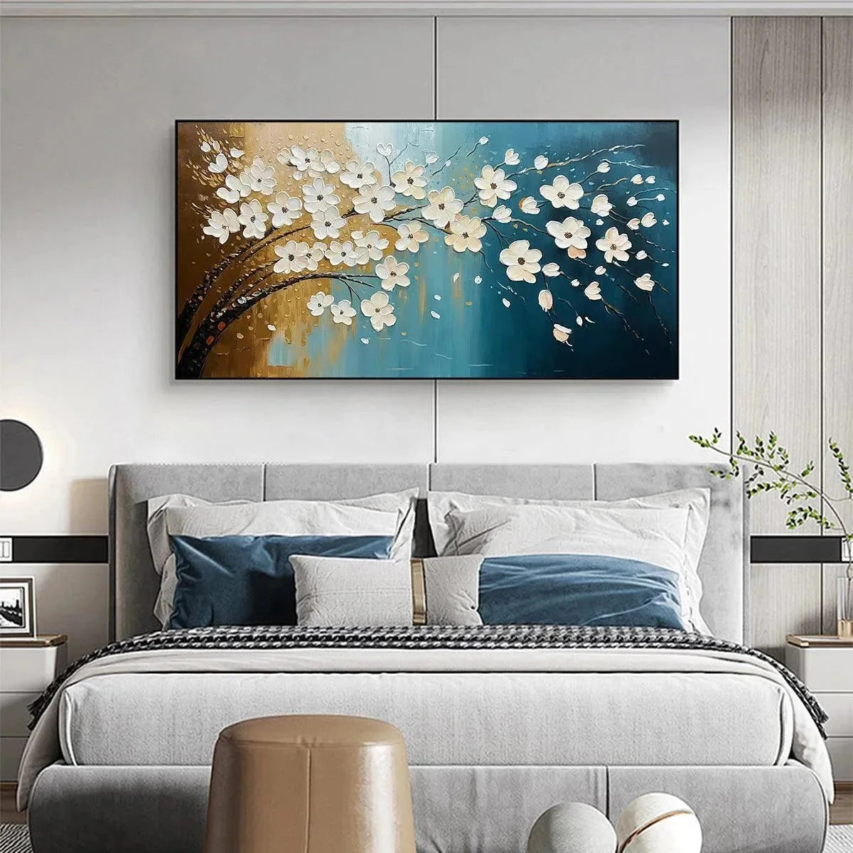 Hand-Painted Floral Tree Oil Painting - Blue & Gold | Figurative mood, soft natural light studio shot