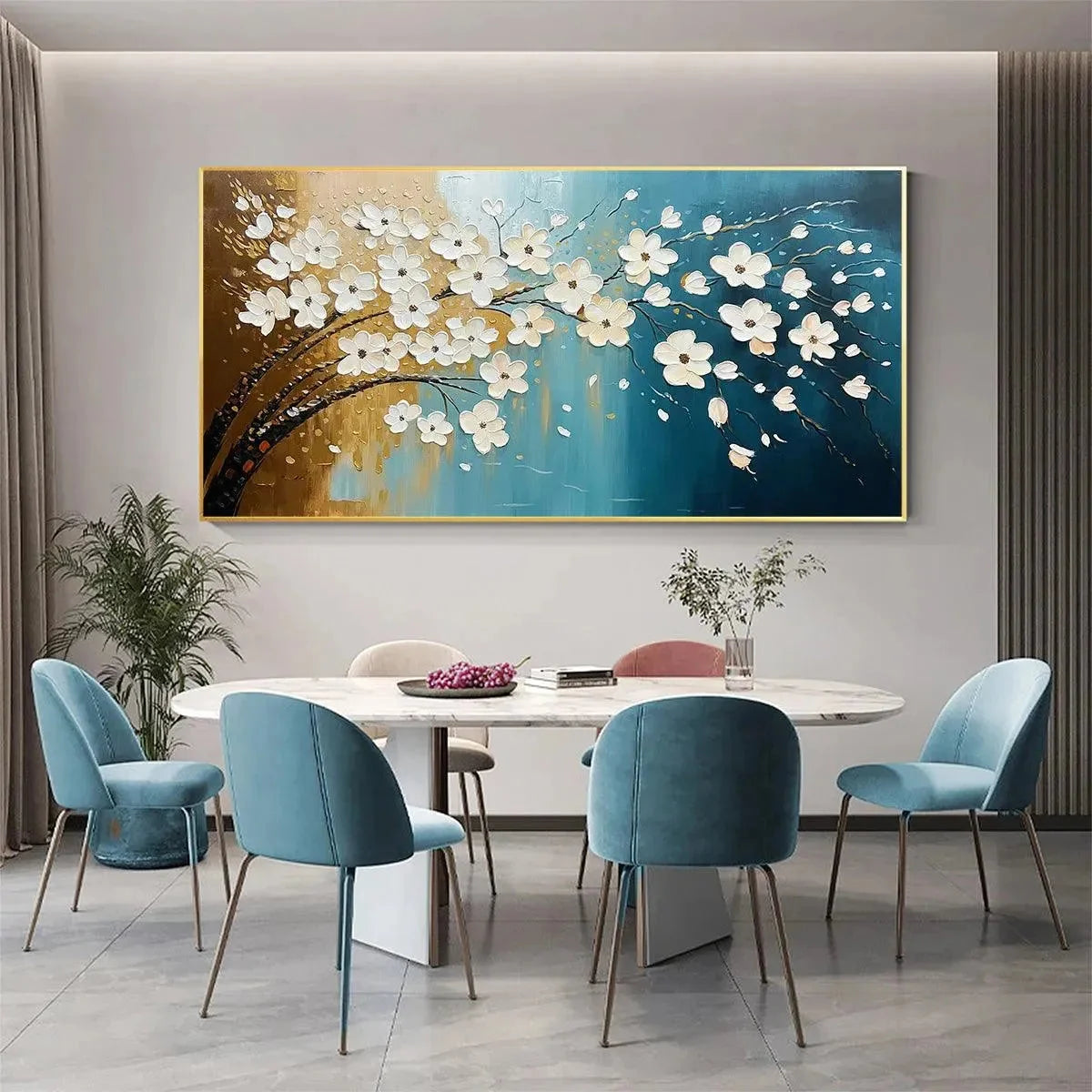 Hand-Painted Floral Tree Oil Painting - Blue & Gold | blue palette, original oil on stretched canvas art