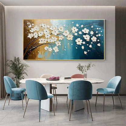 Hand-Painted Floral Tree Oil Painting - Blue & Gold | blue palette, original oil on stretched canvas art