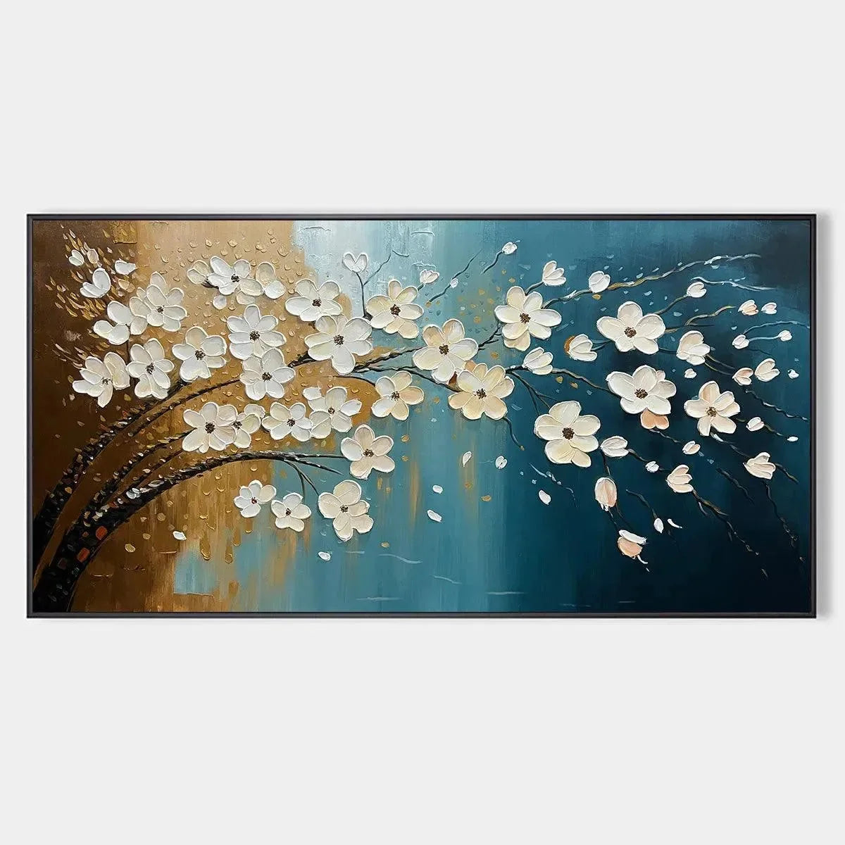 Hand-Painted Floral Tree Oil Painting - Blue & Gold | hanging in living room, Figurative wall art