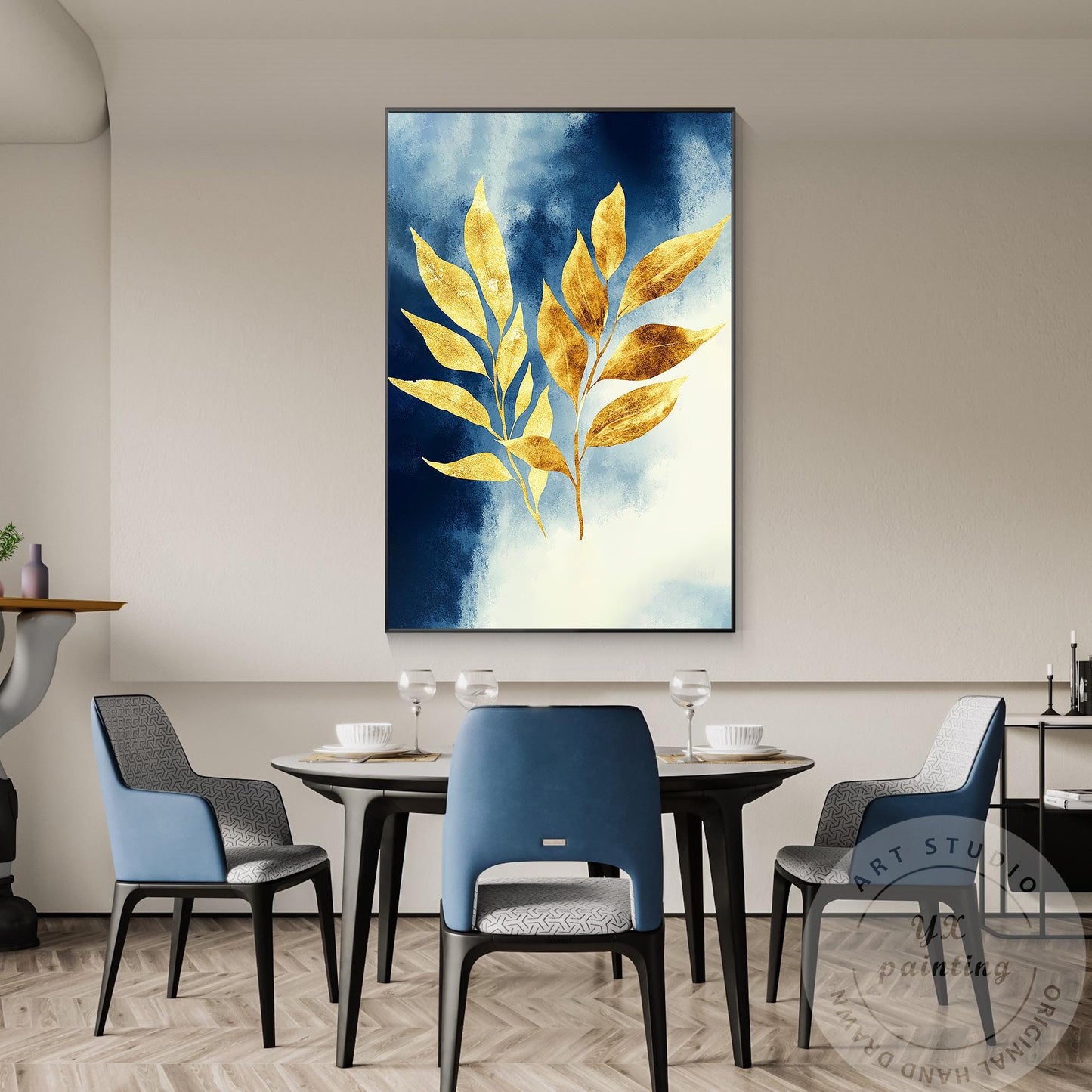 Hand-Painted Golden Leaf Canvas Art, Blue Gold Abstract Painting #2
