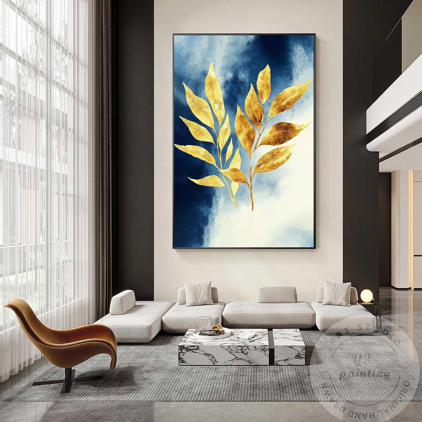 Hand-Painted Golden Leaf Canvas Art, Blue Gold Abstract Painting #3