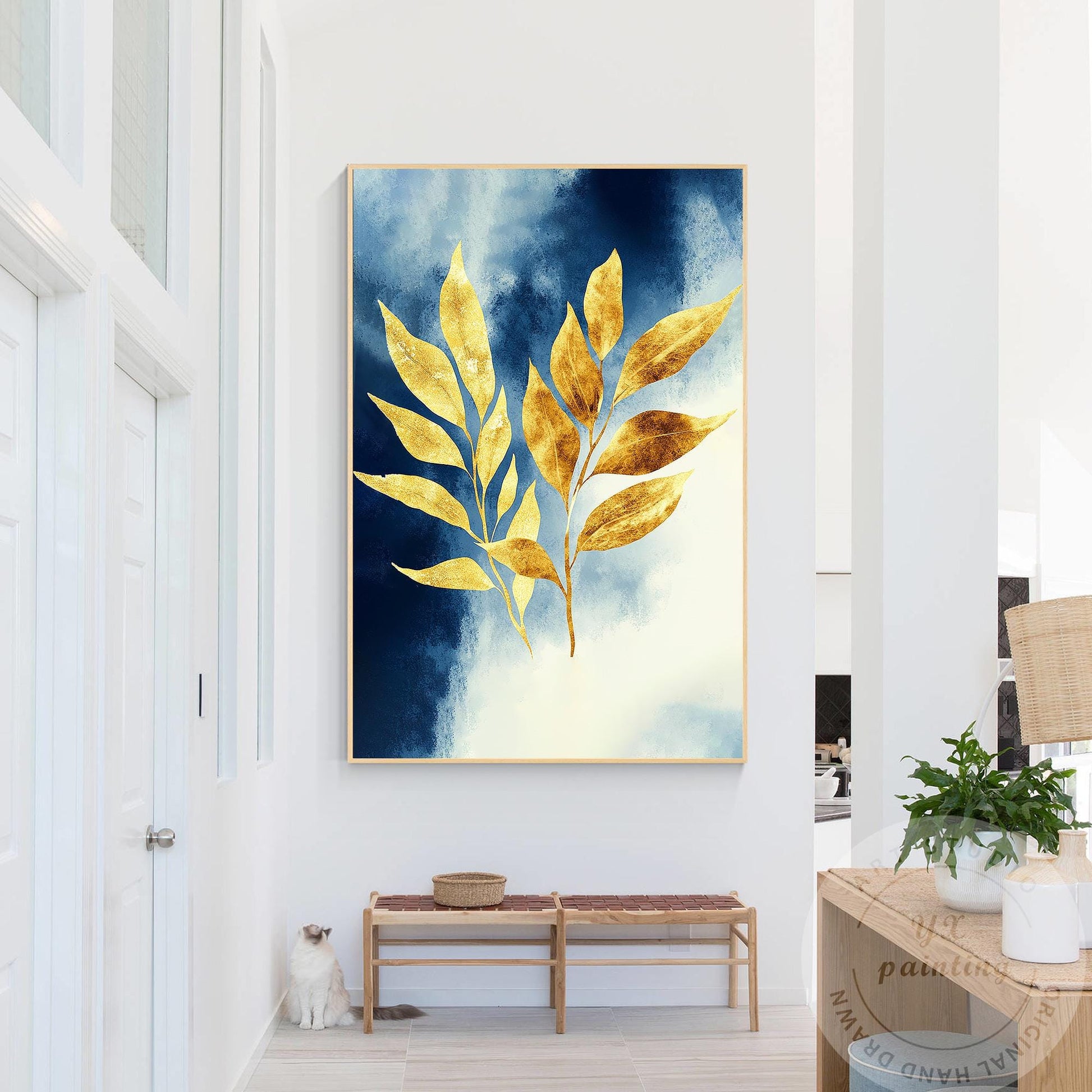 Hand-Painted Golden Leaf Canvas Art, Blue Gold Abstract Painting #4