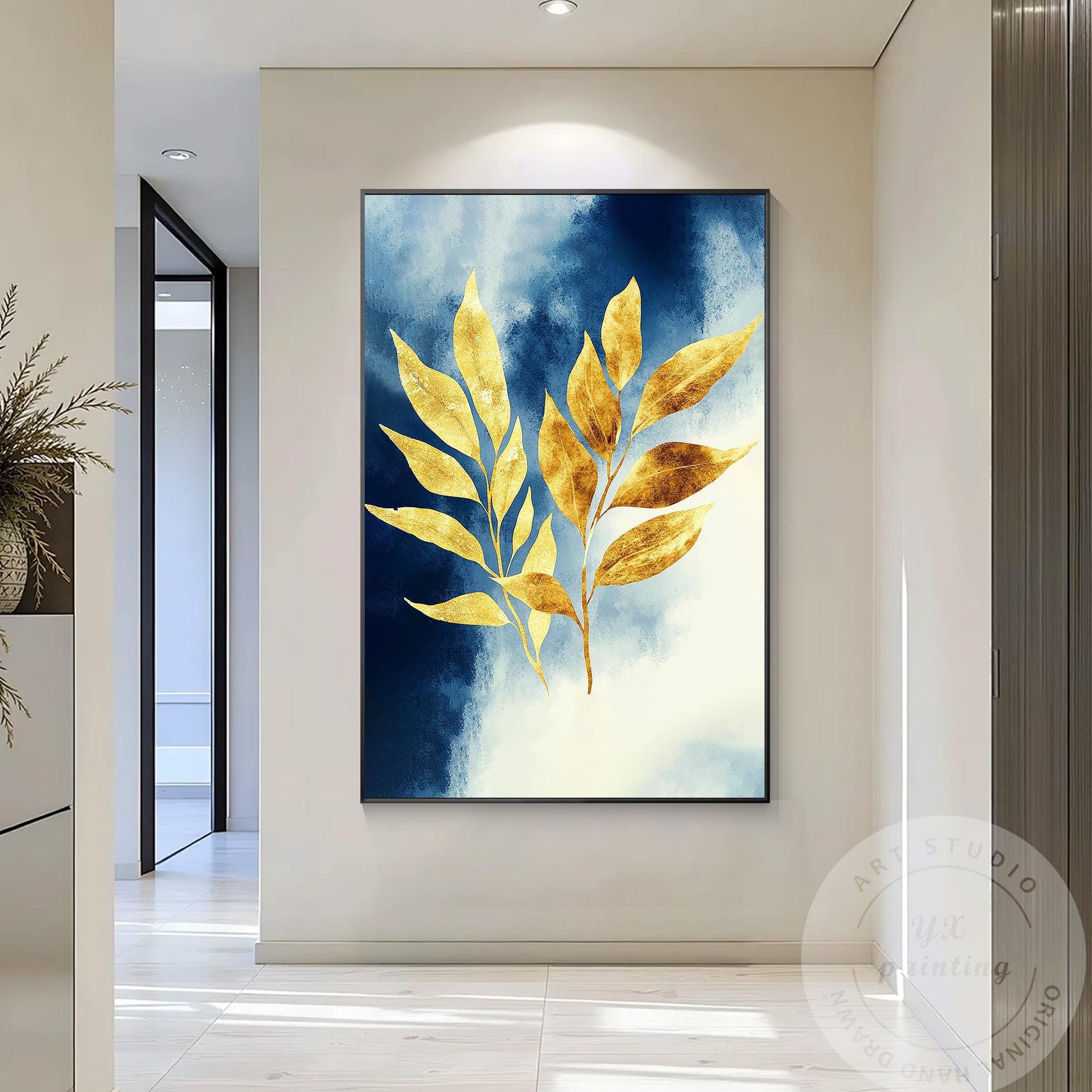 Hand-Painted Golden Leaf Canvas Art, Blue Gold Abstract Painting #5