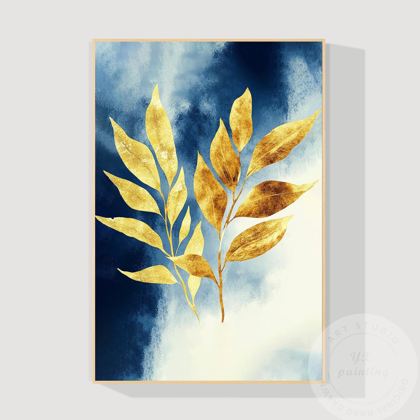 Hand-Painted Golden Leaf Canvas Art, Blue Gold Abstract Painting #8