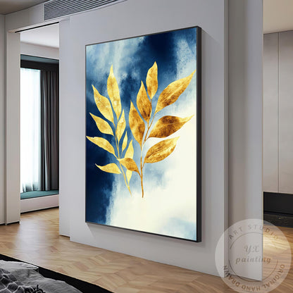 Hand-Painted Golden Leaf Canvas Art, Blue Gold Abstract Painting #1