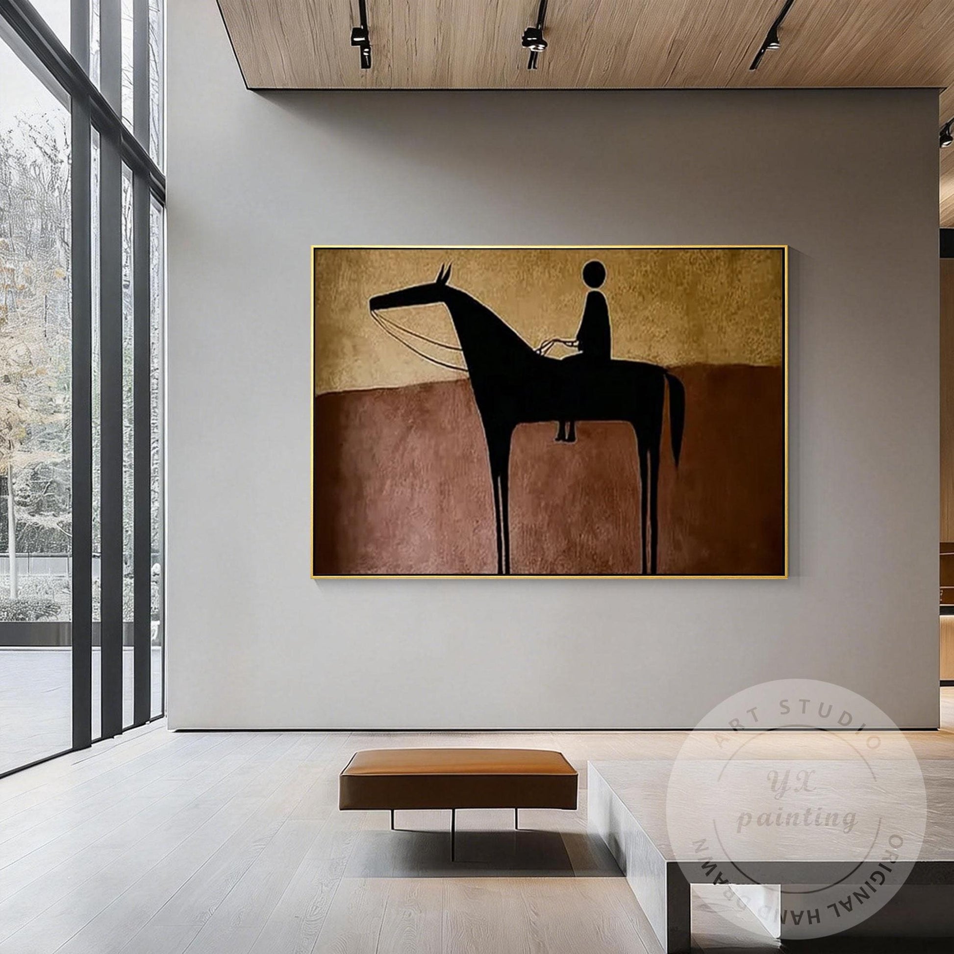 Hand Painted Horse Rider Wall Art, Minimalist Abstract Silhouette Painting, Rust #2