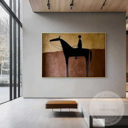 Hand Painted Horse Rider Wall Art, Minimalist Abstract Silhouette Painting, Rust #2