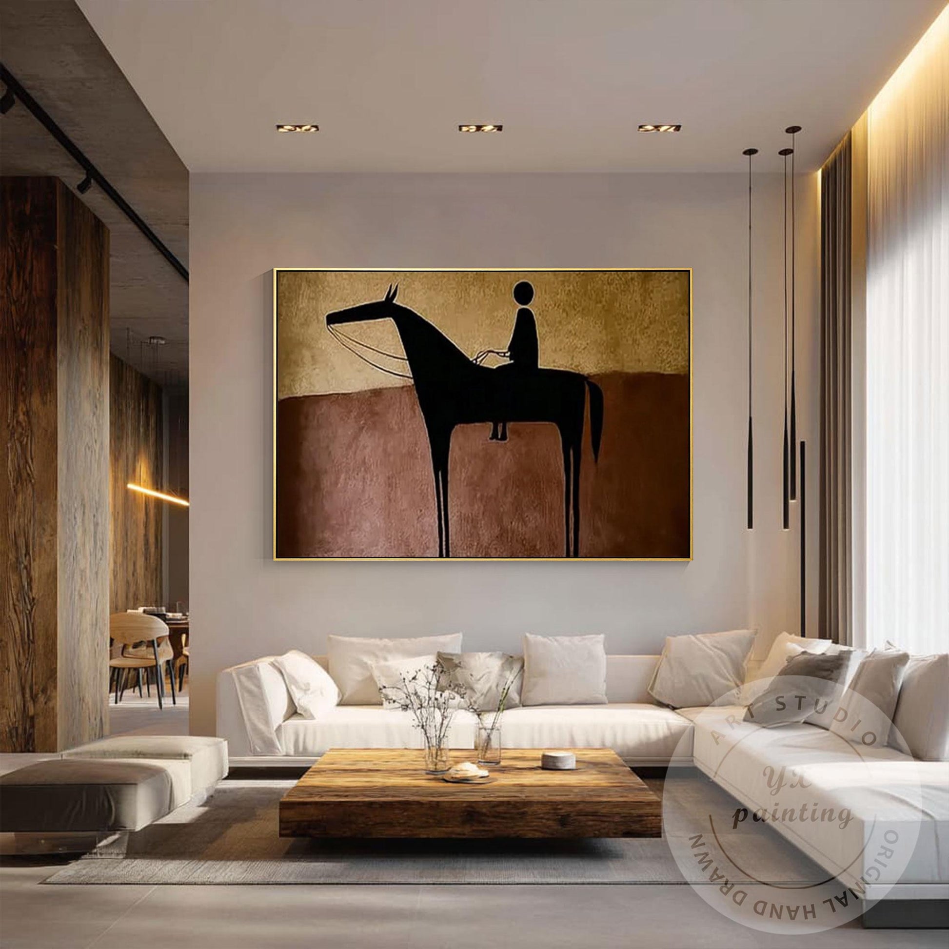 Hand Painted Horse Rider Wall Art, Minimalist Abstract Silhouette Painting, Rust #3