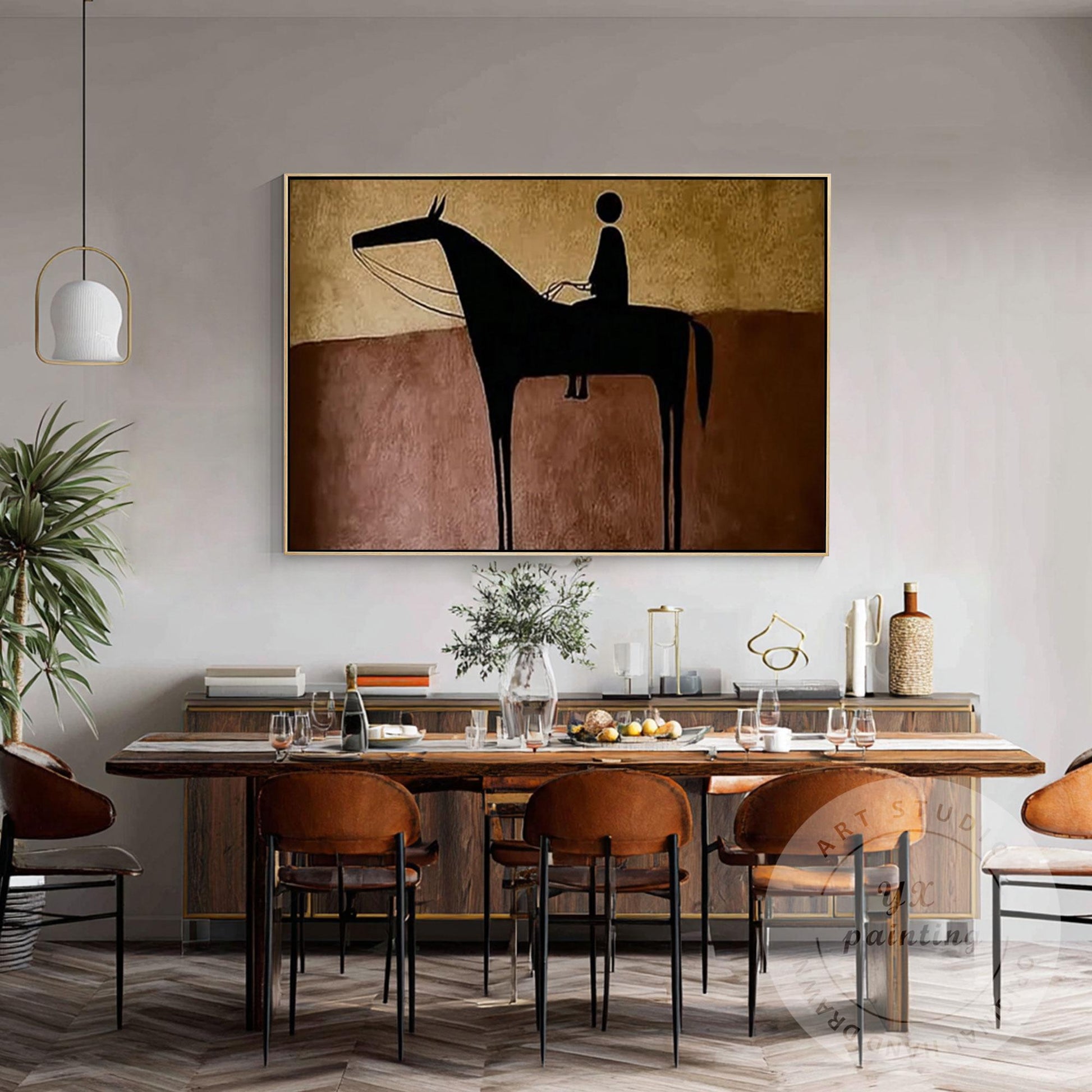 Hand Painted Horse Rider Wall Art, Minimalist Abstract Silhouette Painting, Rust #4