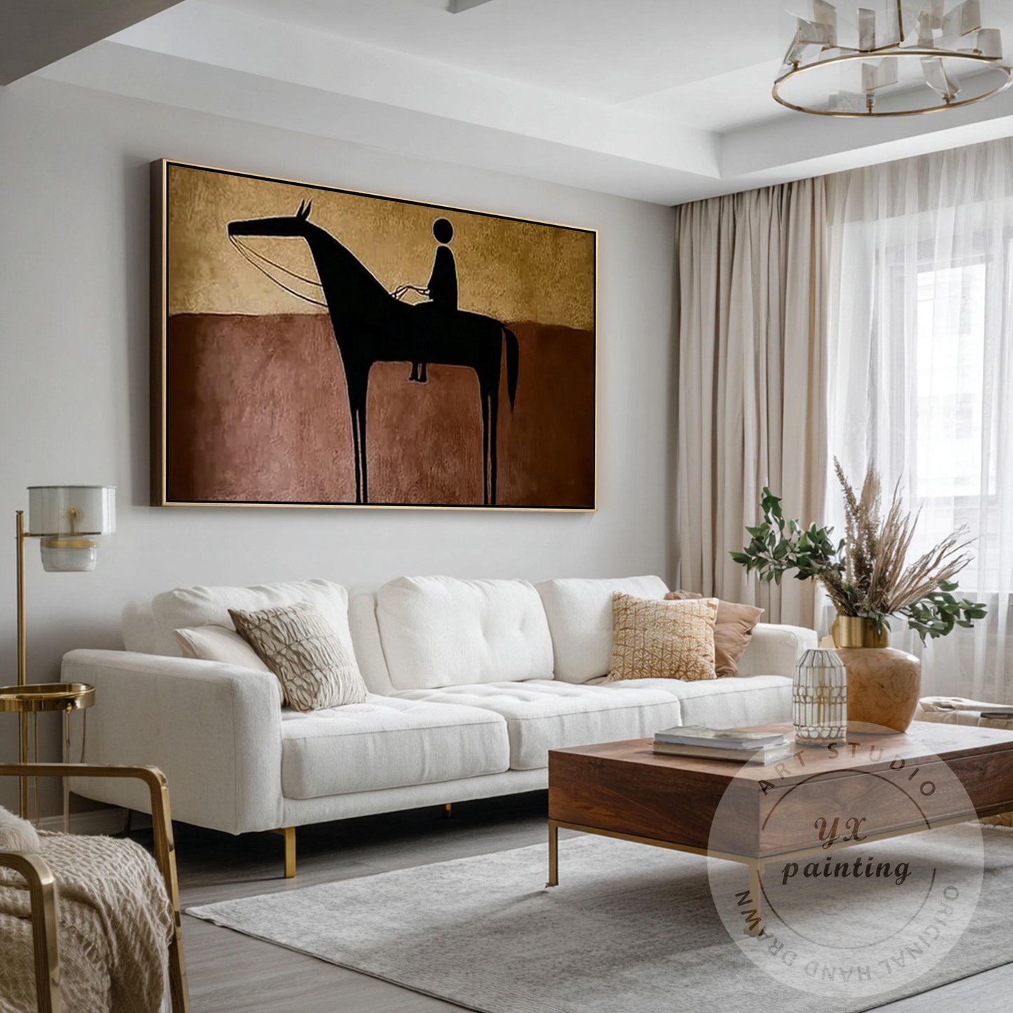Hand Painted Horse Rider Wall Art, Minimalist Abstract Silhouette Painting, Rust #5