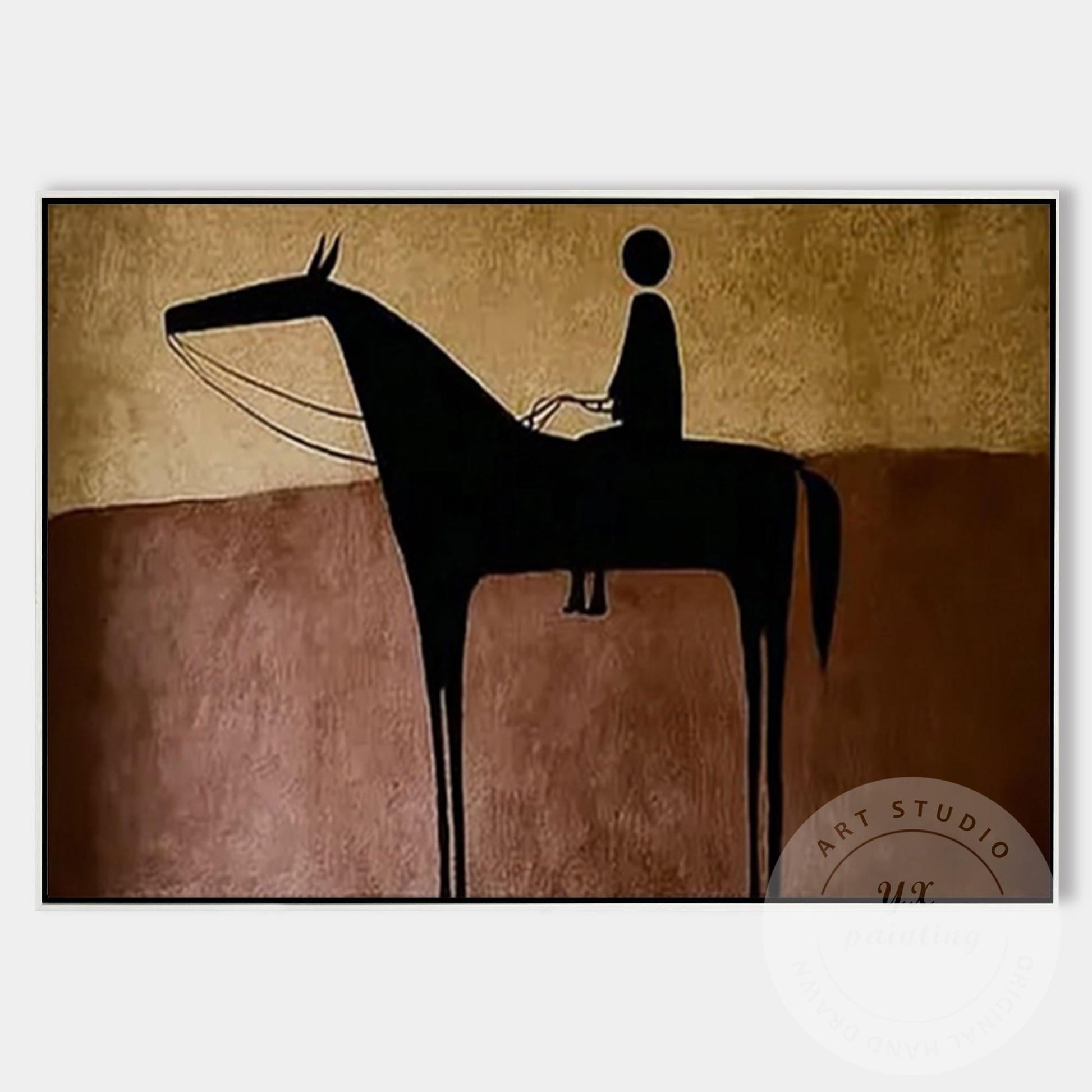 Hand Painted Horse Rider Wall Art, Minimalist Abstract Silhouette Painting, Rust #6