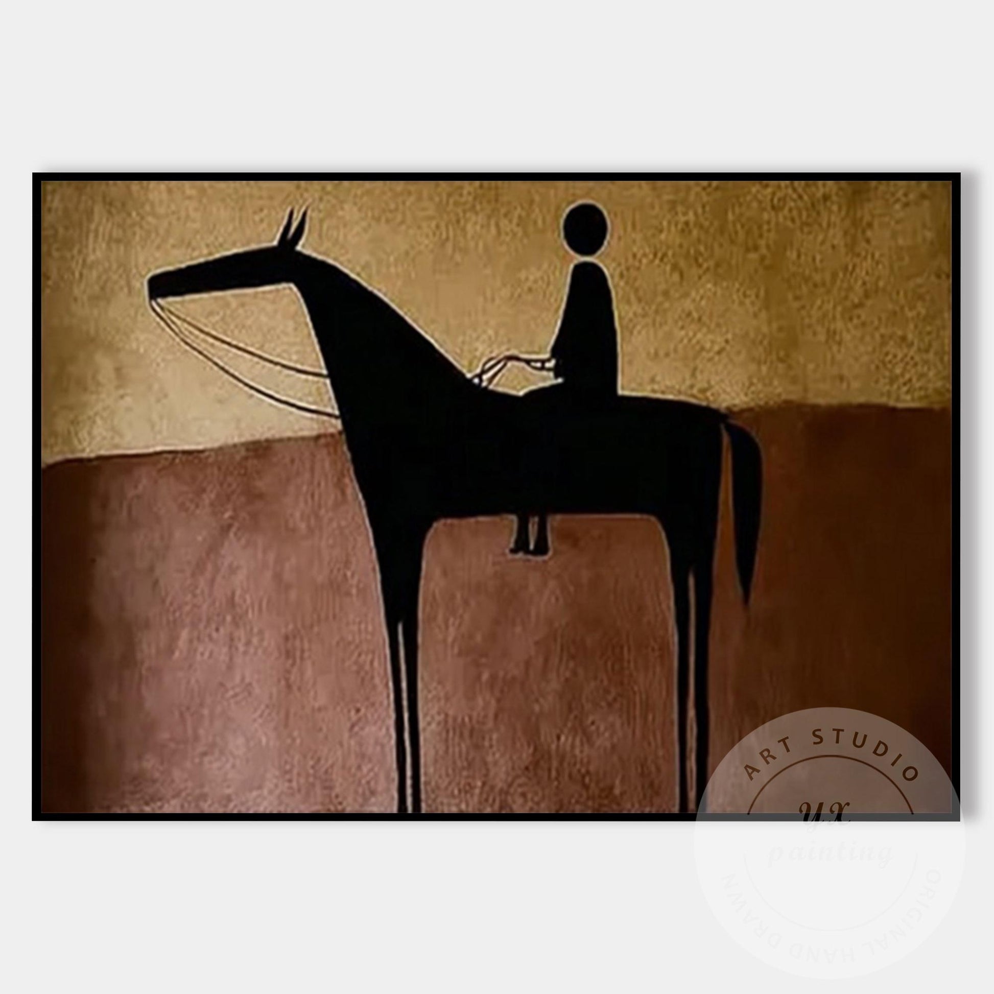 Hand Painted Horse Rider Wall Art, Minimalist Abstract Silhouette Painting, Rust #7